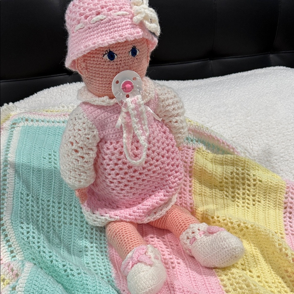 Handmade Crochet Baby Doll With Matching Outfit And Heart Blanket.